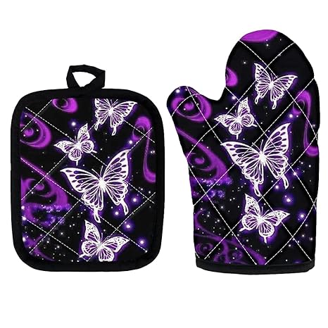 KEIAHUAN Purple Butterfly Oven Mitts and Pot Holders Set for Women Girl, Heat Resistance Flexibility of Pure Cotton and Soft Cloth Lining, 500 F Heat Resistant