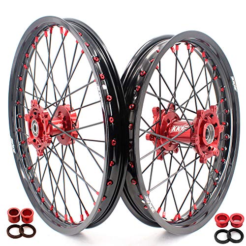 KKE 21 & 19 Wheels Set Compatible with SUZUKI RMZ250 2007-2021 RMZ450 2005-2021 Red Nipple Black Spoke Rims Off Road Motorcycle MX Dirt Bike