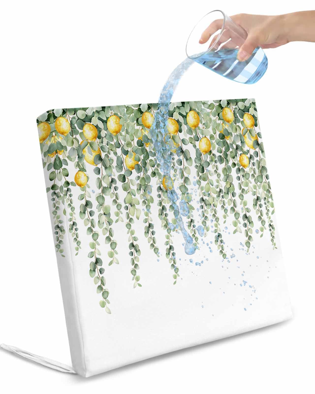 2 Pack Eucalyptus Lemon Waterproof Cushion Covers with Ties, Outdoor Patio Chaise Lounge Chair Seat Cushion Slip Covers Replacement(Only Cover) Sage Green Plant Leaf Yellow Fruit 20