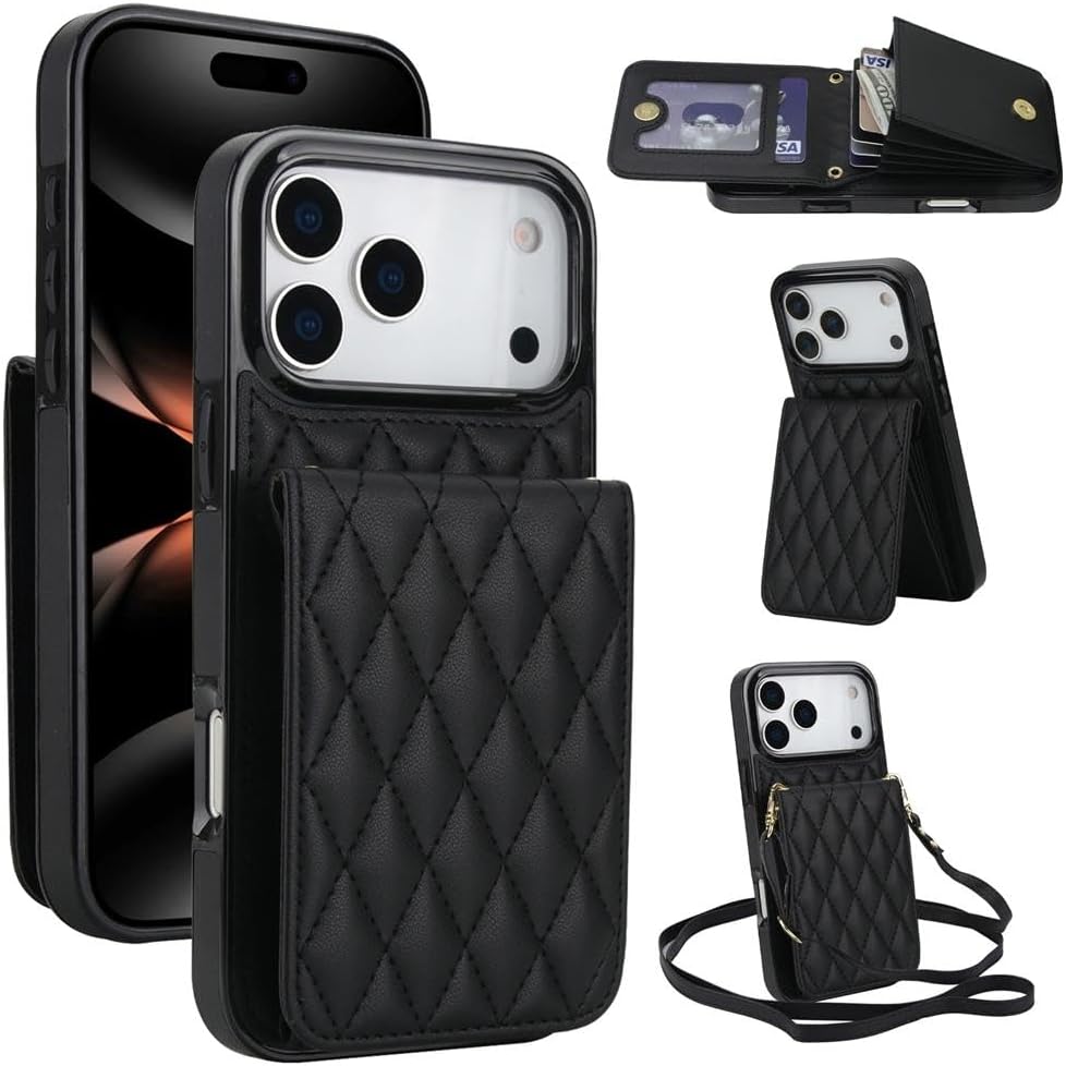 Rhombic Texture Card Bag Phone RFID Case with Lanyard for iPhone 17 Pro (Black)
