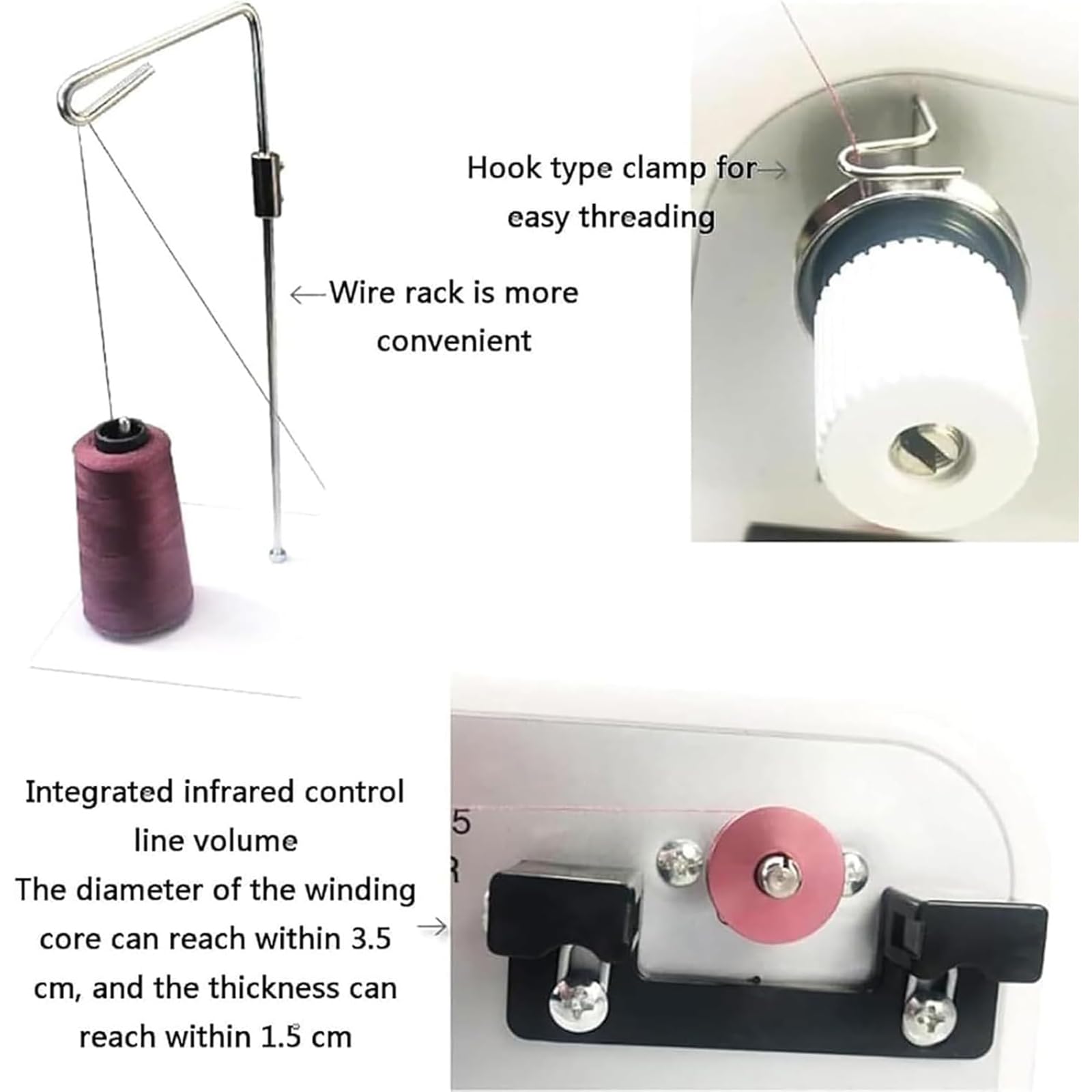 Bobinador Eléctrico, Bobinador De Hilo con Soporte De Alambre, Núcleo Enrollable Diámetro: 3,5 CM/Espesor: 1,5 CM/Soporte De Alambre: 30 Cm, para Hilo