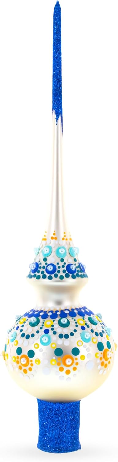 Chic Iridescent Pearl with Blue Embellishments Glass Christmas Tree Topper 11 Inches