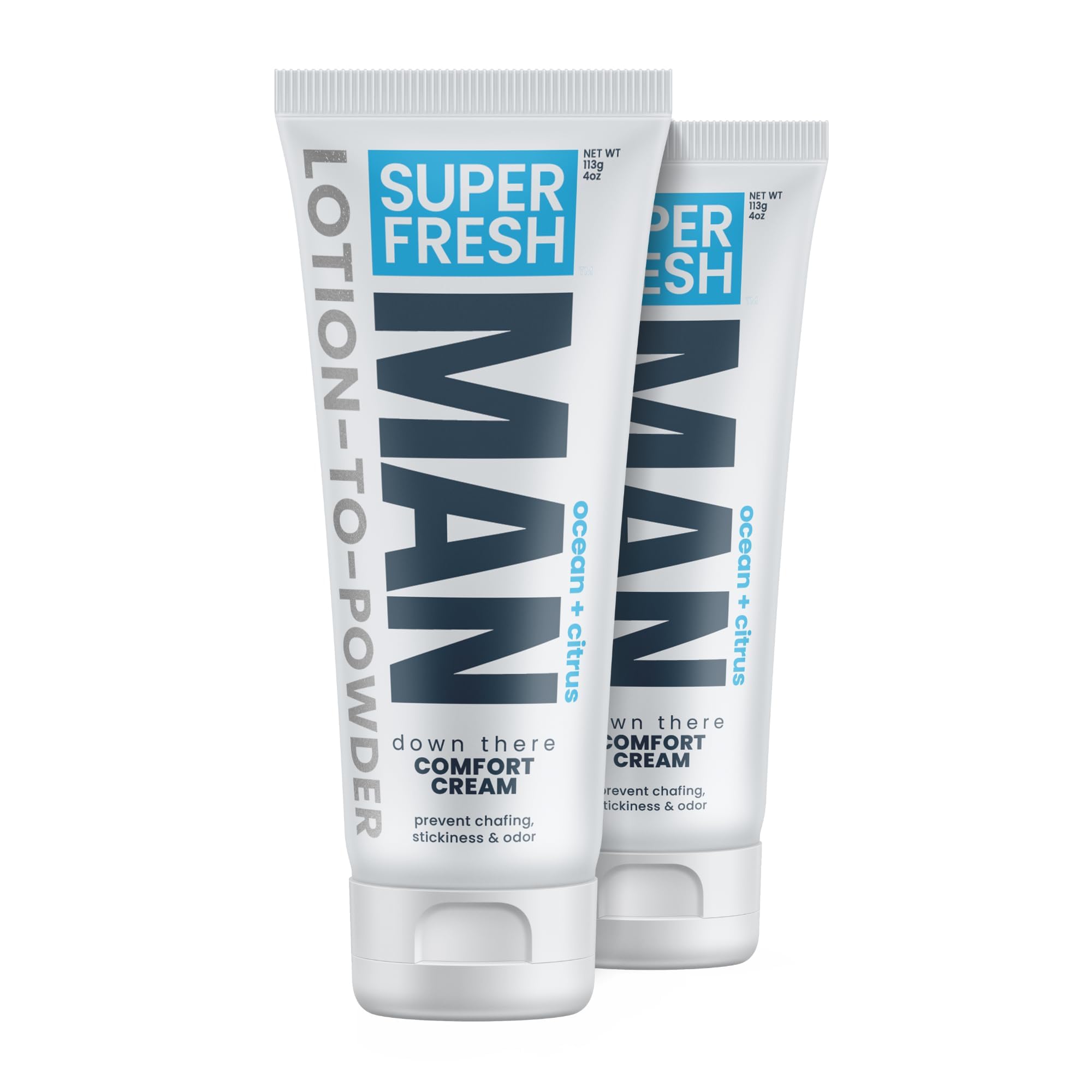 Super Fresh Ball Deodorant Powder Lotion Comfort Cream for Man Parts Groin Butt and Body Hygiene Controls Odor Stops Chafing and Itch Absorbs Sweat Aluminum Free Formula in 4 oz Twin Pack