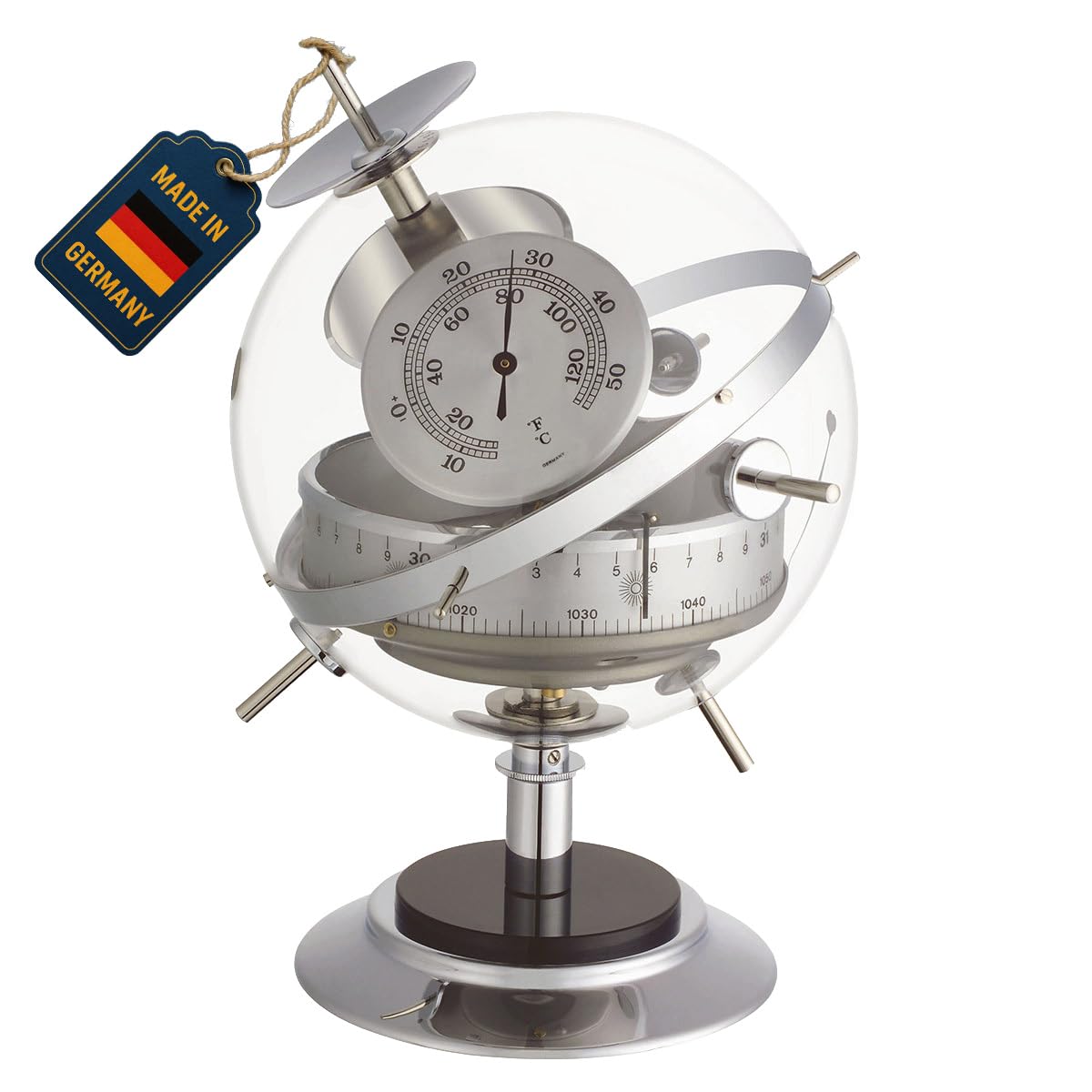 TFA Dostmann Stazione Meteo analogica Sputnik, 20.2047.54, con termometro, igrometro e barometro, Realizzata a Mano, per previsioni Meteo, Made in Germany, Cromato