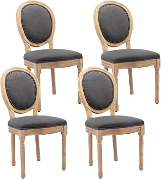 Linen Dining Chairs Set of 4 with Solid Wood Frame, Dining Chairs Fabric with Upholstered, French Country Farmhouse Retro Rustic Style for Dining Room Living Room Kitchen Restaurant Gray