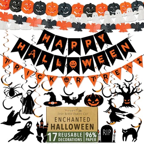 Premium Reusable Halloween Decorations Indoor - Happy Halloween Banner, Trick or Treat Sign, 12 Spooky Hanging Decorations, 3 Chilling Garlands