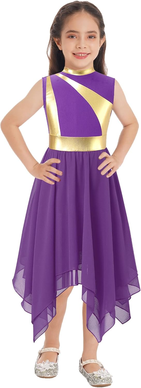 Kids Girls Liturgical Praise Dance Dress Metallic Color Block Sleeveless Asymmetrical Tunic Worship Church Robe