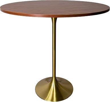LeisureMod 48 Inch Round Bar Height Dining Table with MDF Top Pub Table and Gold Stainless Steel Pedestal Base for Modern Kitchen Verve Collection in Cognac Brown