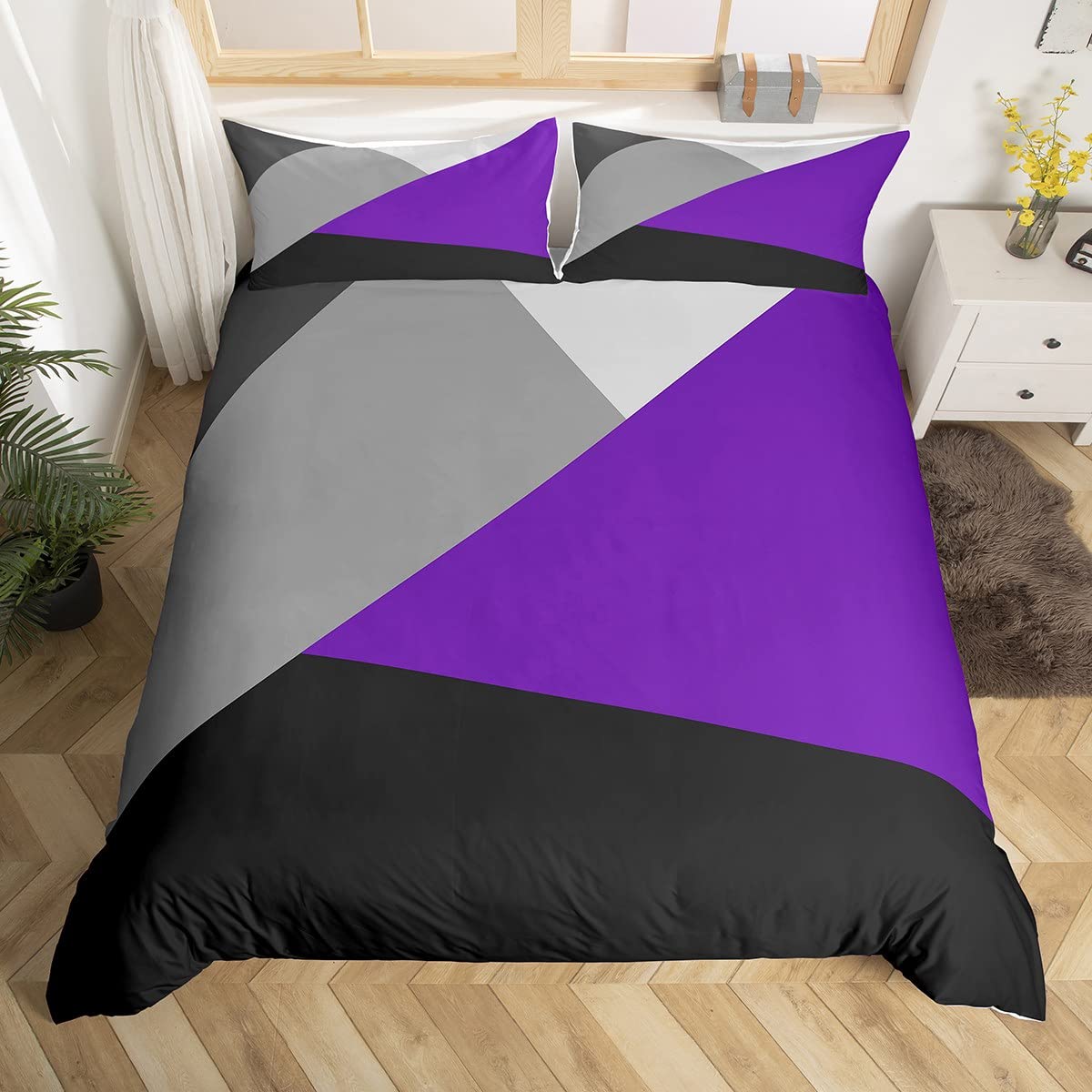 Funda de edredón de triángulos abstractos morados y negros tamaño doble con fundas de almohada
