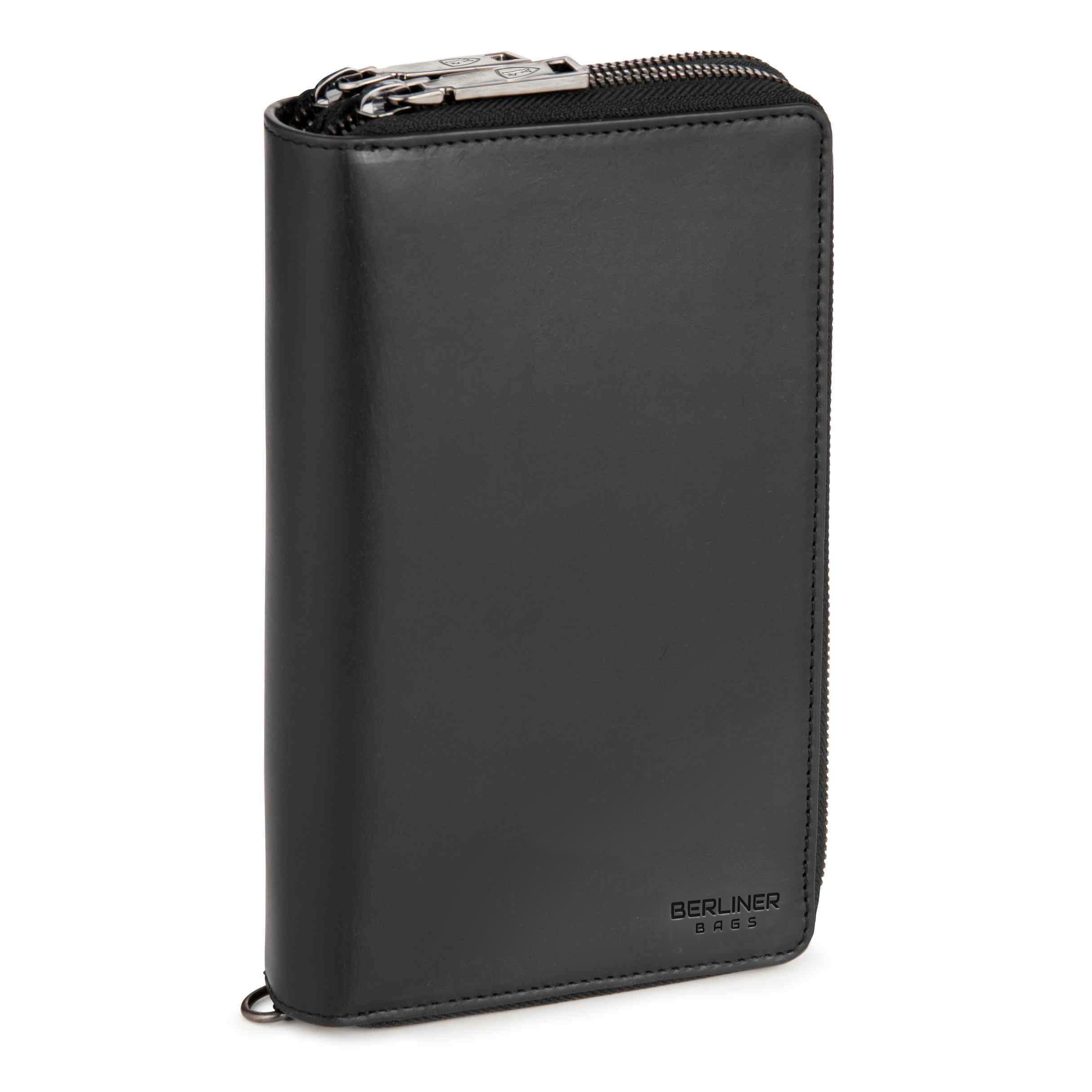 Berliner Bags Dallas Cartera XL Organizador de Viaje de Cuero Hombre RFID | Negro Billetera De Piel Auténtica 26 Tarjetas Monedero Con Cremallera Correa Muñeca Bucle Bolígrafo Protección Nfc Elegante