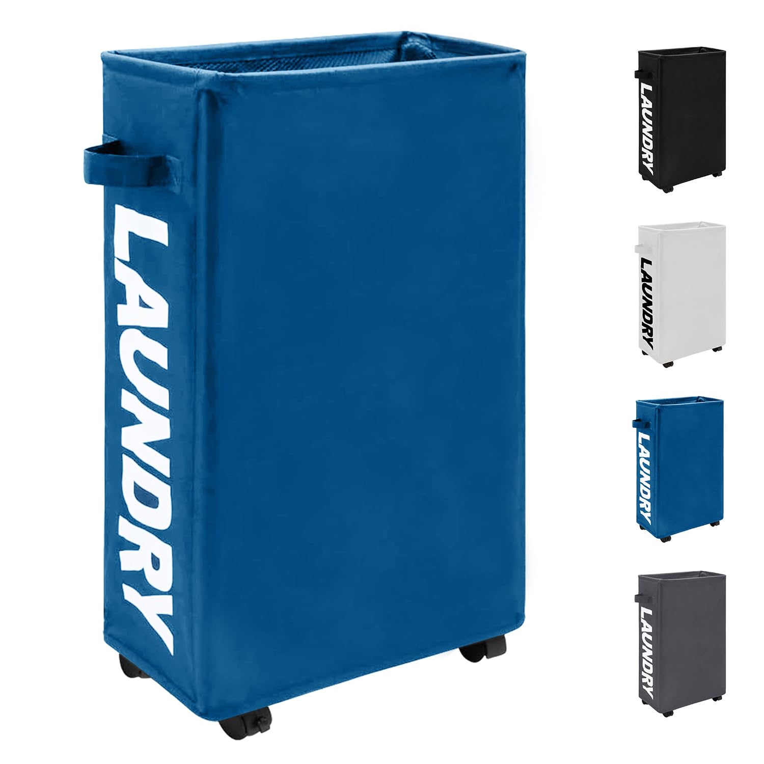 Trimming Shop Slim Laundry Basket with Wheels 38L Collapsible Rolling Laundry Hamper with Side Handles Space-Saving Tall & Thin Foldable Storage Bins for Corner 40x18x53cm (Navy)