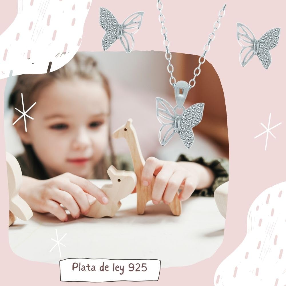 Set di farfalle, orecchini e girocollo in argento Sterling 925 rodiato con zirconi, motivo traforato, catena 40 cm, con confezione regalo