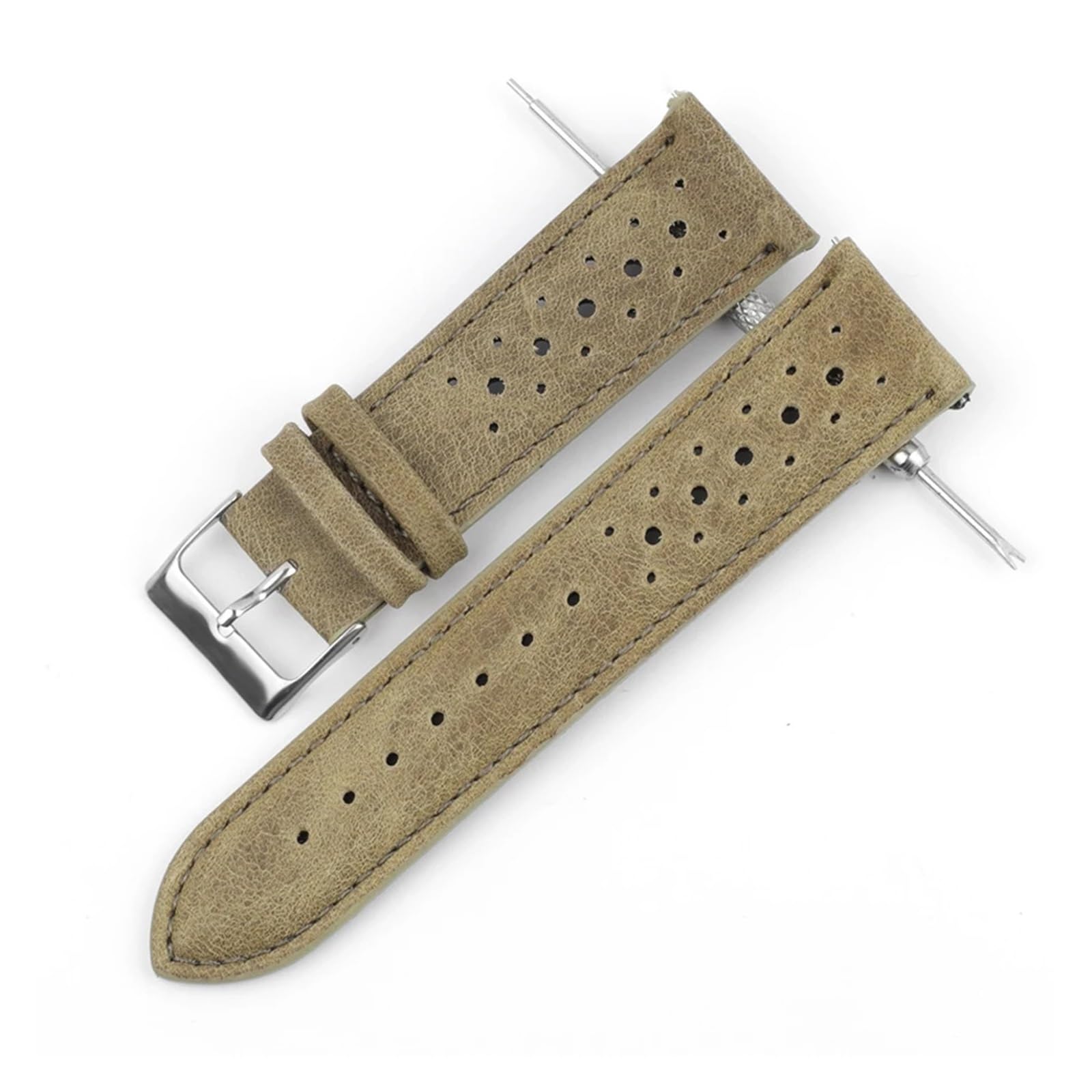 Cinturino di ricambio poroso in vera pelle, traspirante, 18 mm, 20 mm, 22 mm, 24 mm, con cuciture fatte a mano, da uomo, colore: cachi, 22 mm