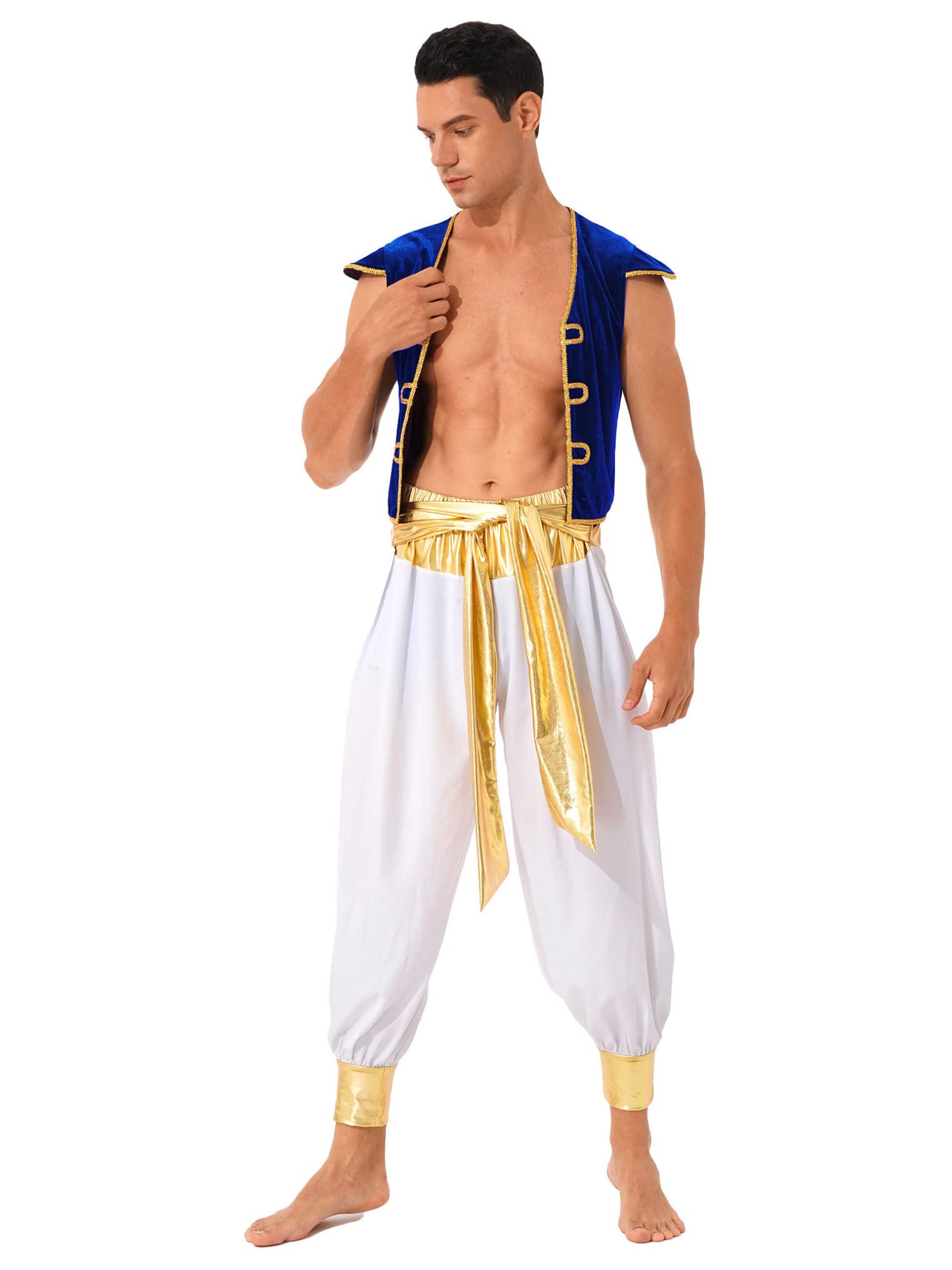 Freebily Costume Principe d' Arabia Uomo 3 Pezzi Gilet in Velluto + Cintura + Pantaloni Bloomers Costume di Halloween Gioco di Ruolo Cosplay Aladino Costume Carnevale