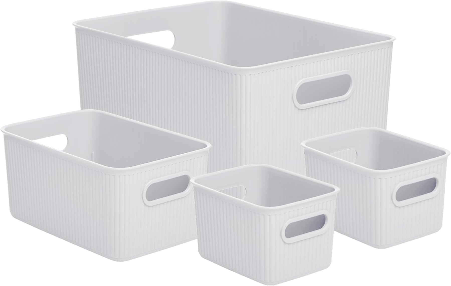 Superio Ribbed Collection - Decorative Plastic Basket Open Home Storage Bins Organizer, White Smoke (Set of 4) 1 Large, 1 Medium, 2 Small - Containers for Organizing Closet Storage Bins for Shelves