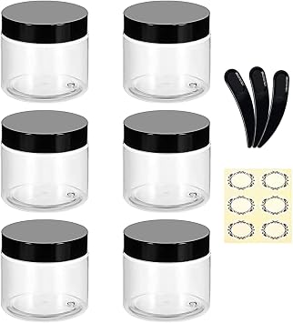 6Pcs 100g/100ml Clear Plastic Jars with 3Pcs Mini Spatulas & Labels Round Cosmetic Sample Container with Inner Liners & Black Lids for Lotions Cream Ointments Travel Makeup Beauty Storage