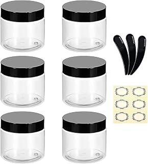 Alledomain 6Pcs 100g/100ml Clear Plastic Jars with 3Pcs Mini Spatulas & Labels Round Cosmetic Sample Container with Inner Liners & Black Lids for Lotions Cream Ointments Travel Makeup Beauty Storage