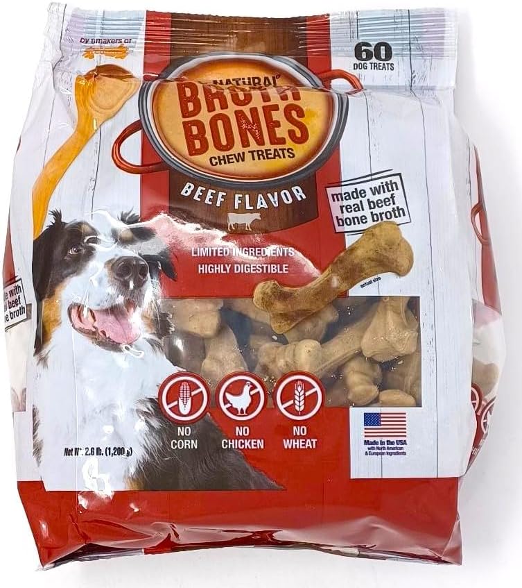 All-Natural Beef Broth Bones Dog Treats. 60 Count. 2.6 LB.
