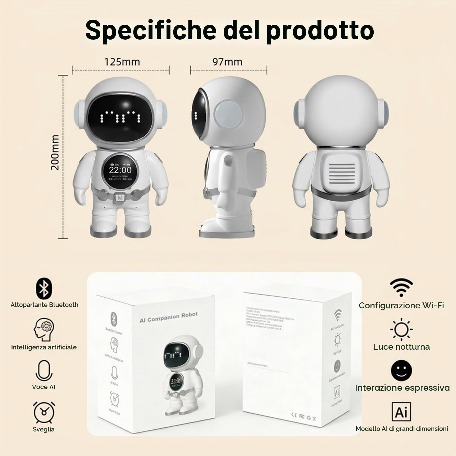 Astronauta AI - Robot da scrivania con 3 modelli Mainstream KI, controllo vocale, altoparlante Bluetooth, luce notturna, allarme intelligente e indicatore meteo, perfetto per ufficio