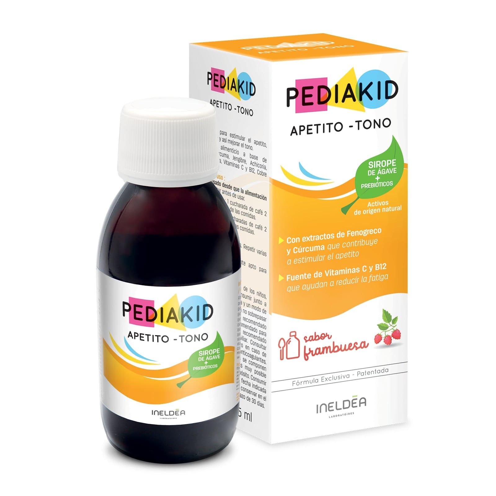 PEDIAKID - Apetito-​Tono - Complemento alimenticio - Fórmula Exclusiva a base de Sirope de Agave - Estimula el apetito - Ayuda a aumentar de peso - Aroma Natural de Frambuesa - Botella 125 ml