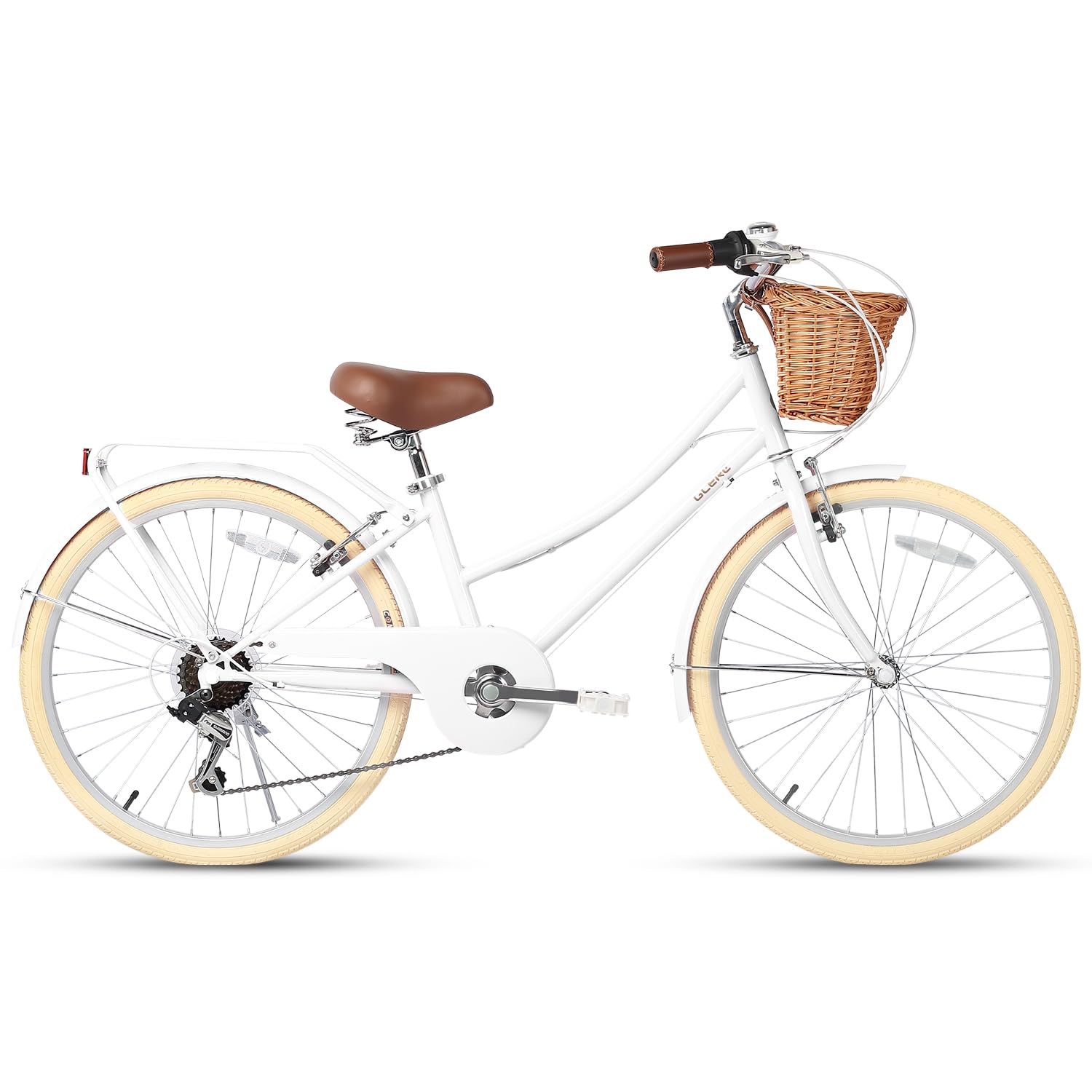 Glerc 24 Inch Beach Cruiser Bike, 6-Speed Hybrid City Bicycle for Girls Youth and Over 6 Years Old, Missy Bike with Wicker Basket & Lightweight, White
