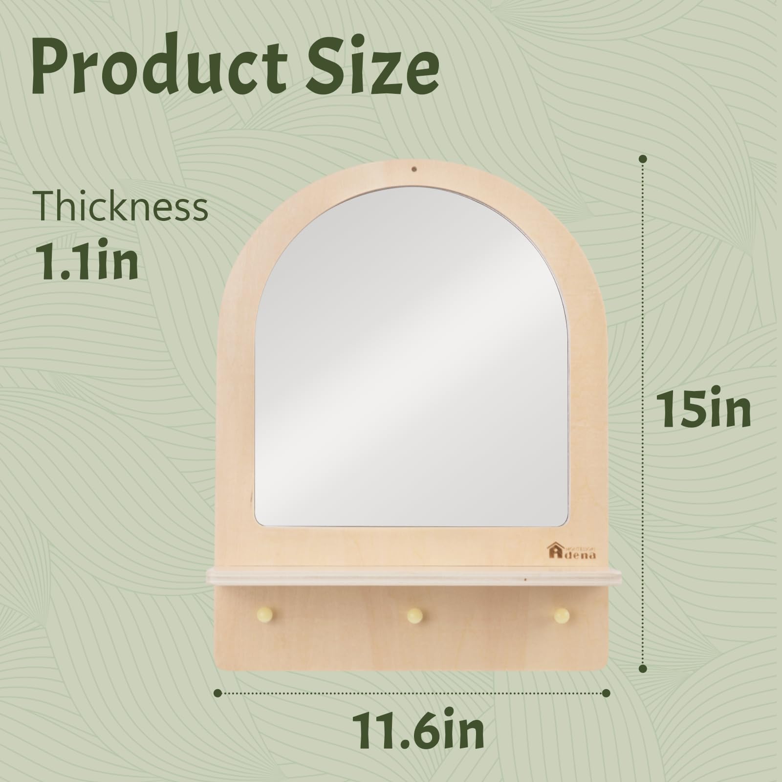 Adena Montessori Montessori - Espejo para niños pequeños con 3 Ganchos, Espejo de Pared de Madera Seguro para Cuidado Personal, Almacenamiento y decoración