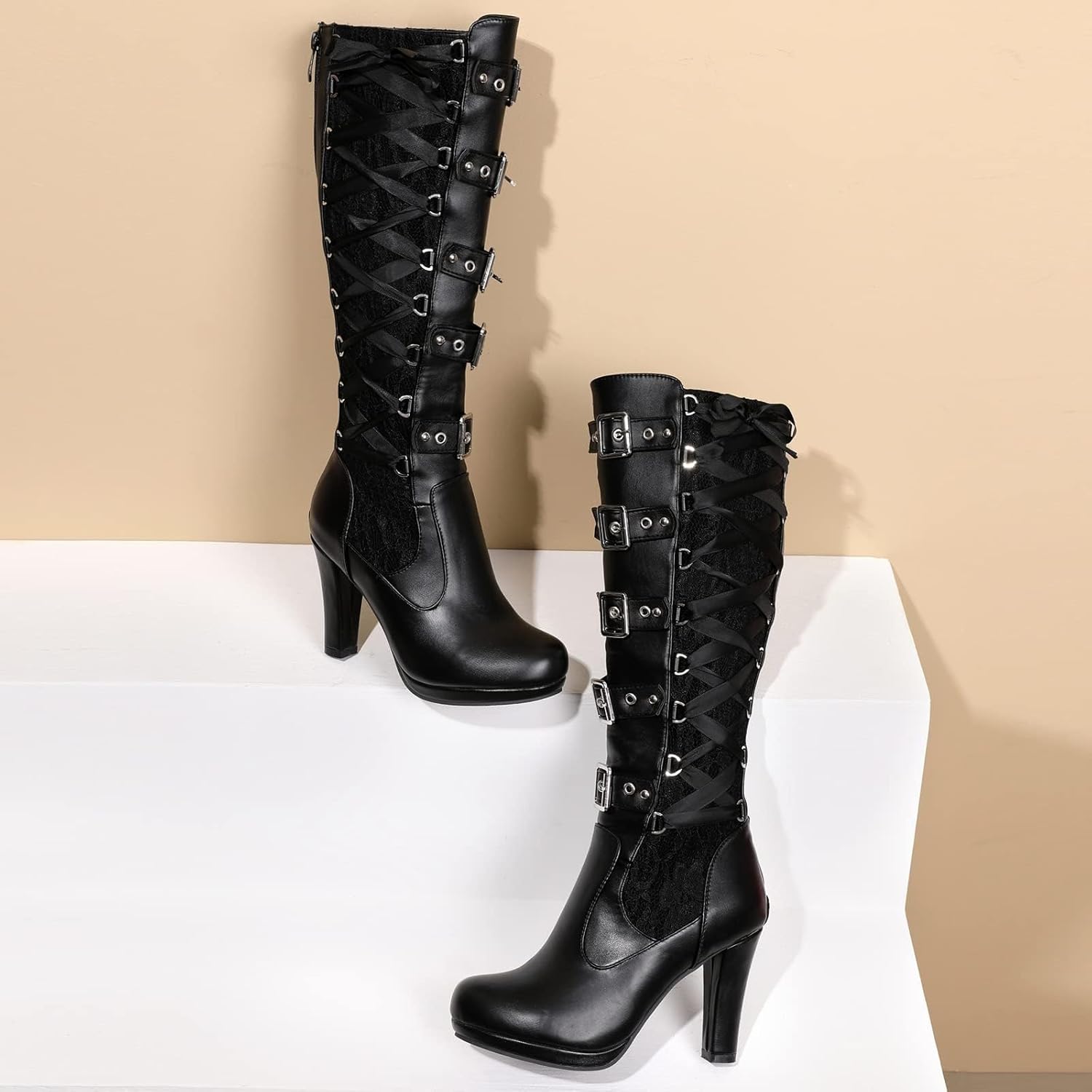 Lace Punk Knee High Boots for Women Back Zipper High-Heeled Combat Boots Buckle Block Heel Lace-up Black Goth Boots - Image 4