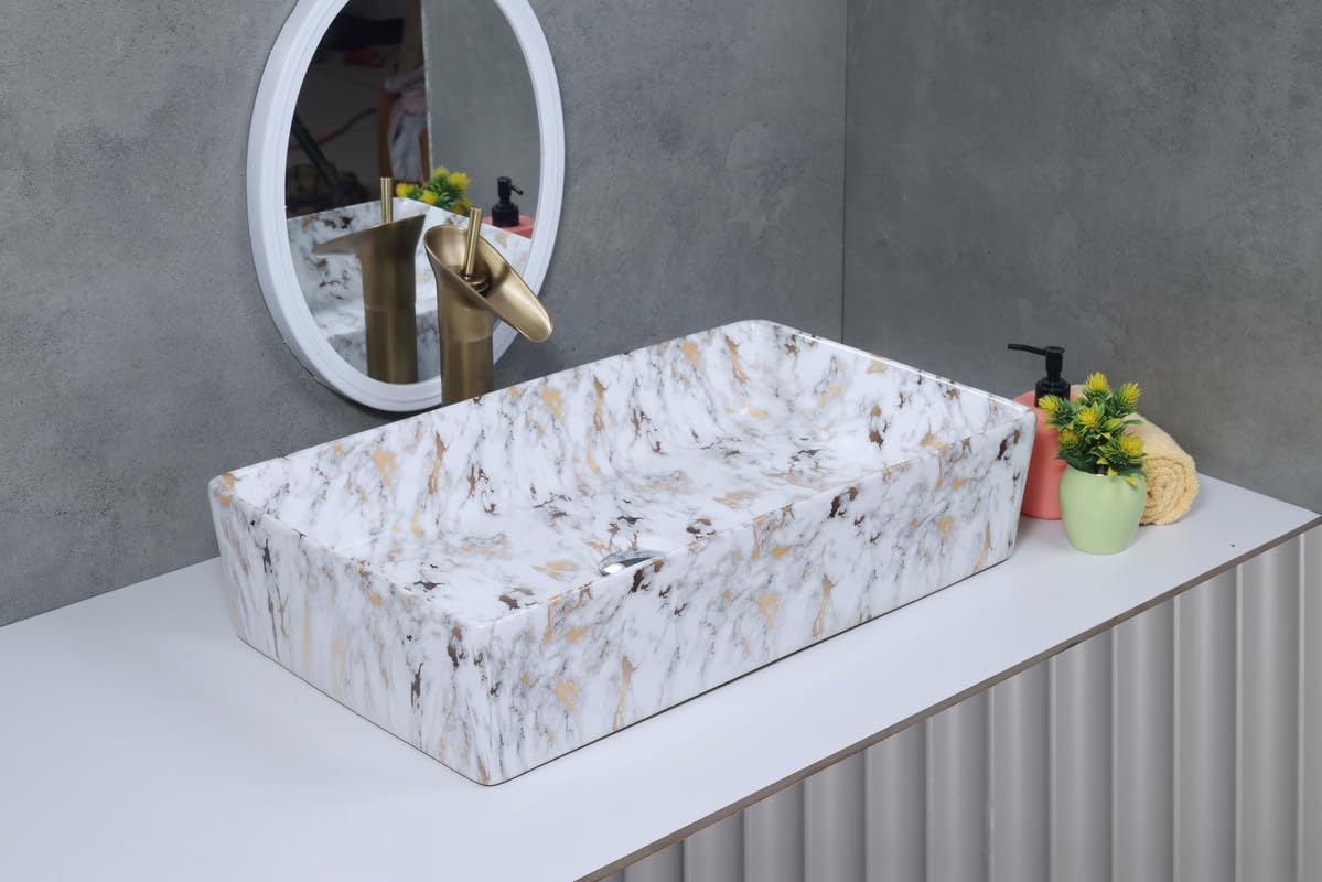 SEA SHORE Ceramic Table Top Wash Basin For Bathroom | Over Counter Top Wash Basin For Living Room | Washbasin Countertop Slim rim Vessel Sink (60x35.5x13 CM, White Gold Spot) (B0CSVZH2FG) Amazon Price History, Amazon Price Tracker