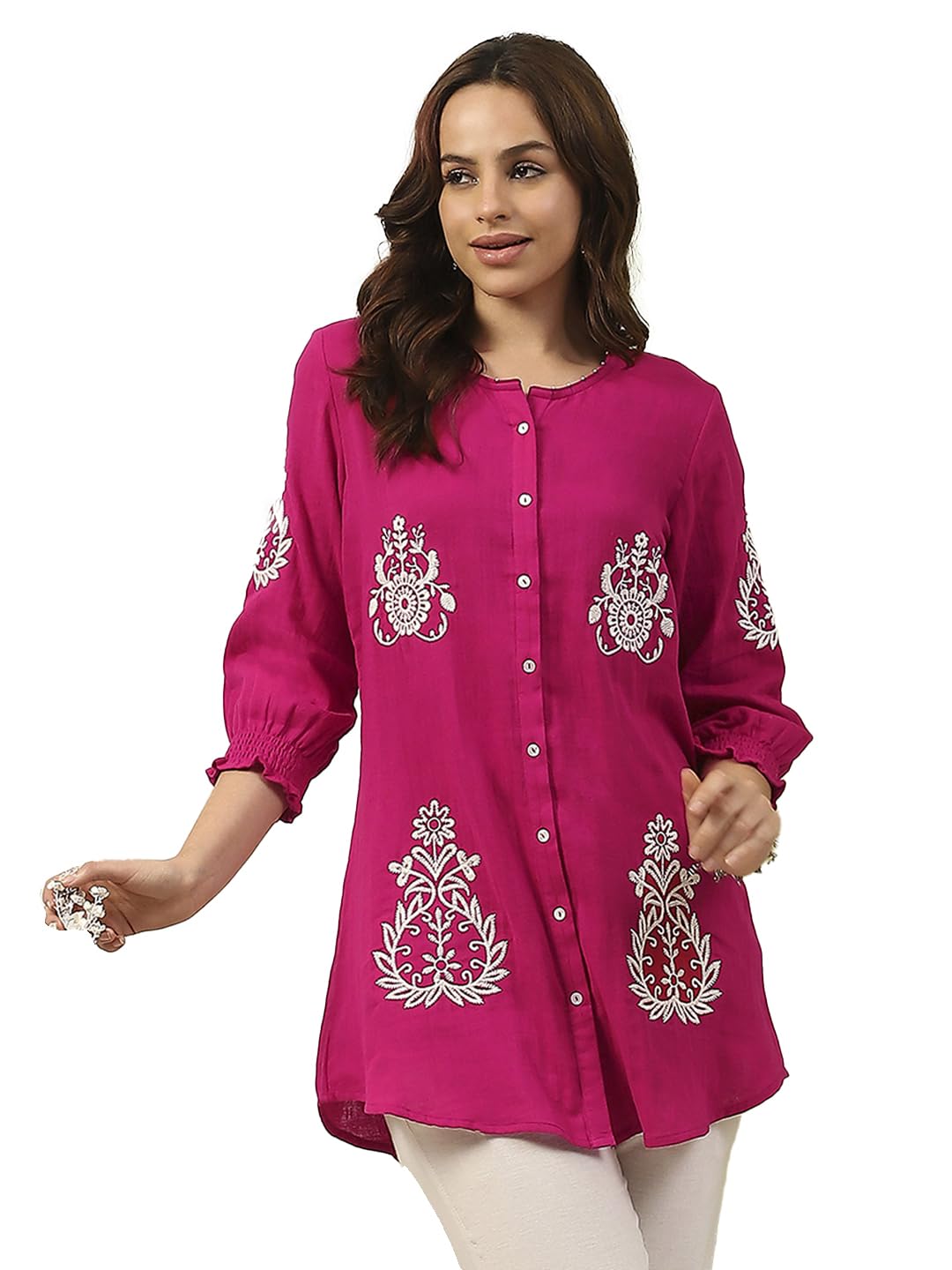 Solid Cotton Kurti with Lucknowi Embroidery-image-1