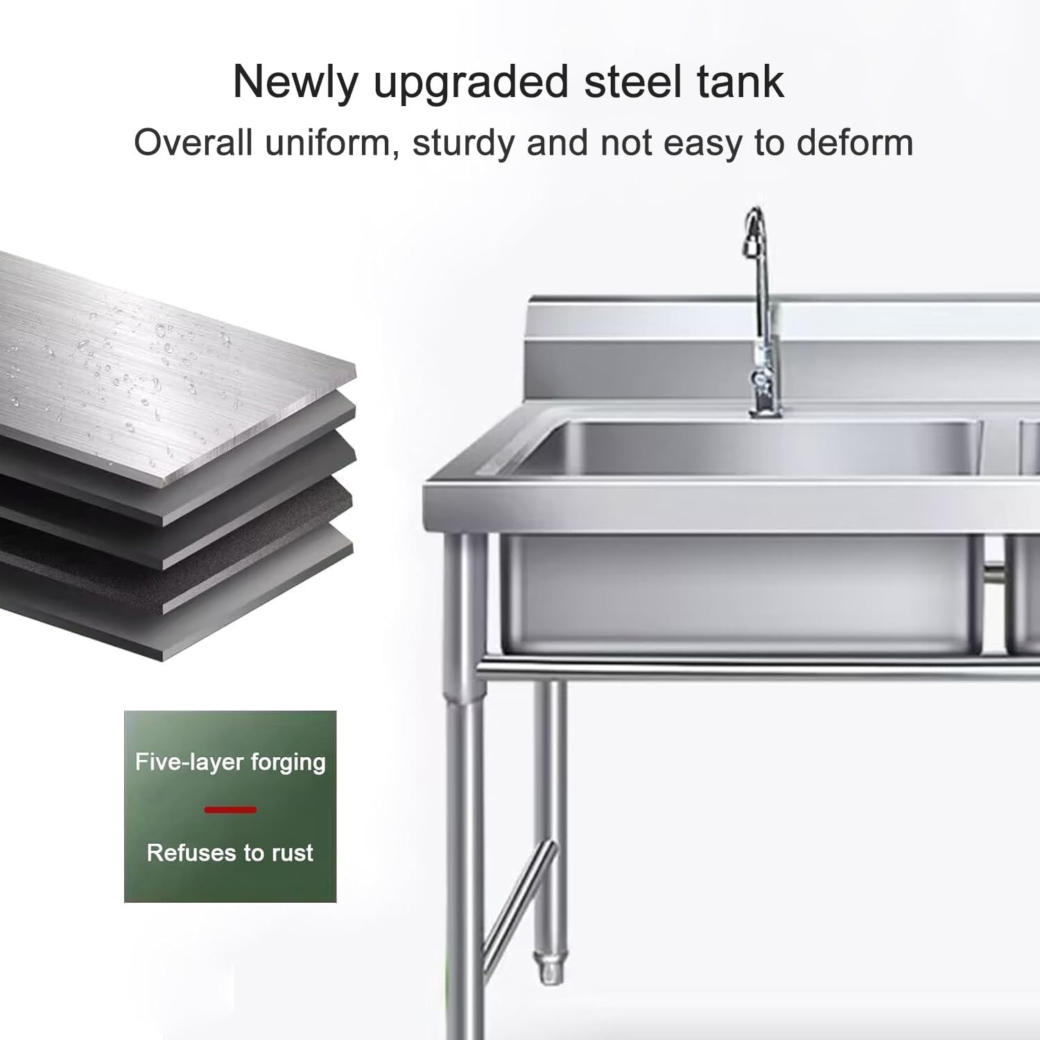 Fregadero de Cocina Independiente Fregaderos de Dos Senos, Fregadero de Acero Inoxidable Industriales con Grifo, Patas Acero, Fácil de Instalar, para Cocina, Restaurante
