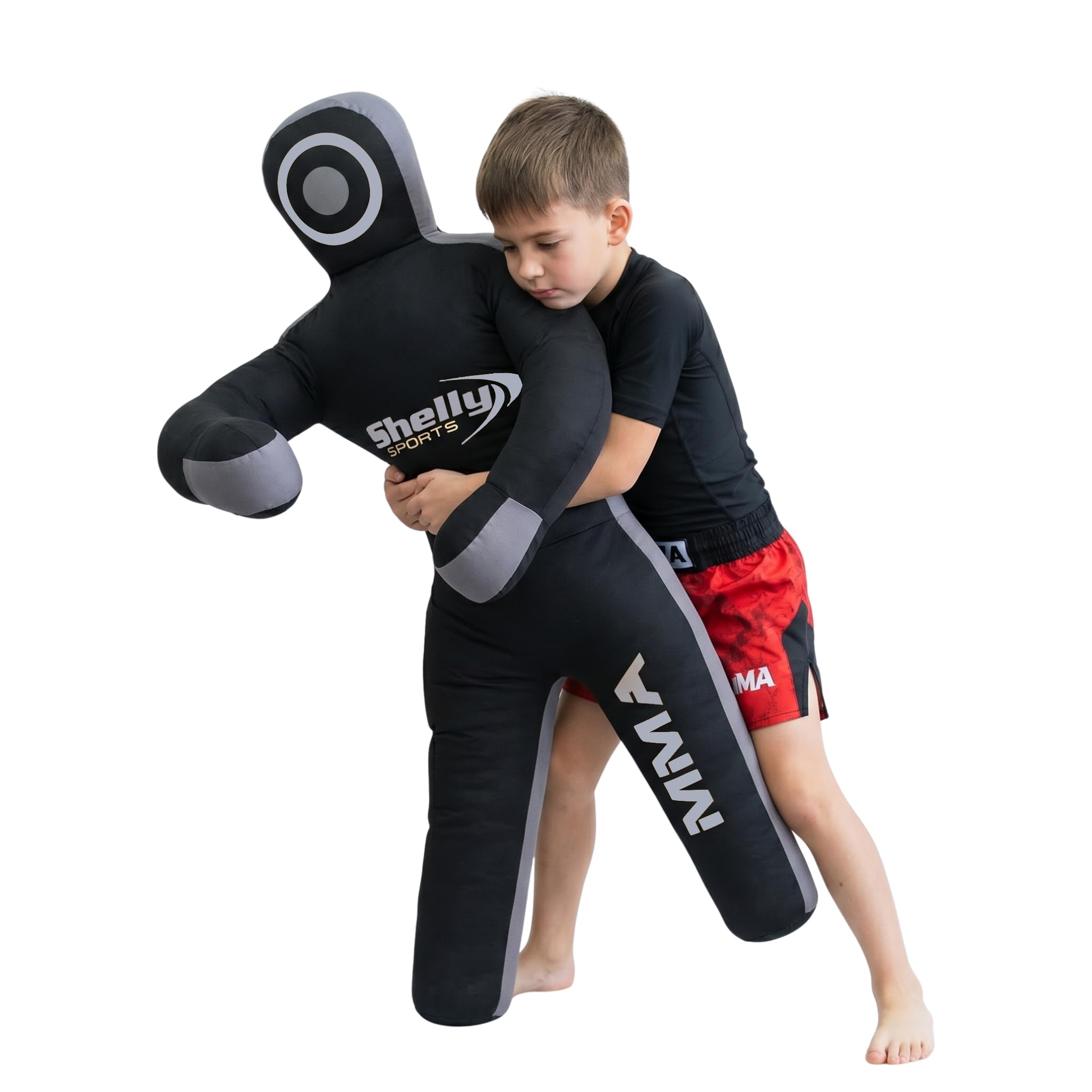 Shelly MMA Grappling Dummy for Kids BJJ Punching Bag Wrestling Buddies Brazilian JIU Jitsu Standing Position Dummy Martial Arts Boxing Karate Training Dummies - UNFILLED (Black/Gray)