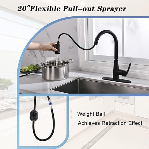 Miniatura 5 de Kitchen Faucet Single Handle Pull-Down Sink Faucets 3 Spray Modes 1 or 3 Hole Kitchen Tap (Matte Black)