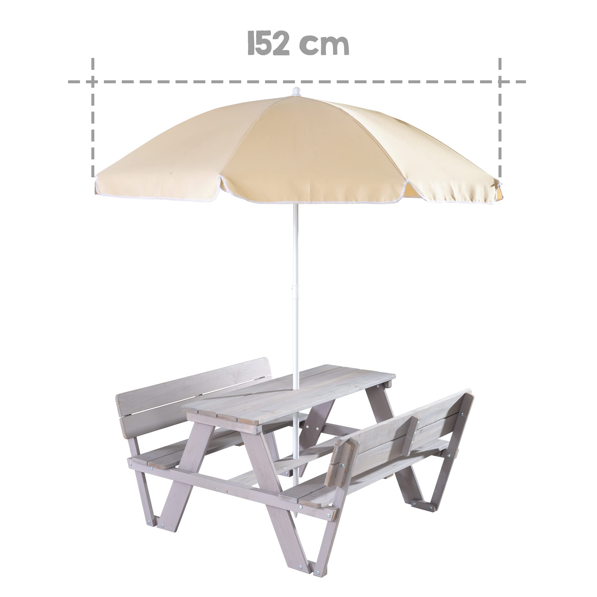 roba Table Pique-nique Enfants Outdoor + avec Dossier - Bois Massif + Coussins - Table d'Extérieur 4 places - Gris