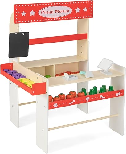Miniatura 9 de INFANS Juguete de mercado de comestibles, soporte de mercado de madera, juego de simulación con pizarra de tiza, caja registradora, 36 piezas de