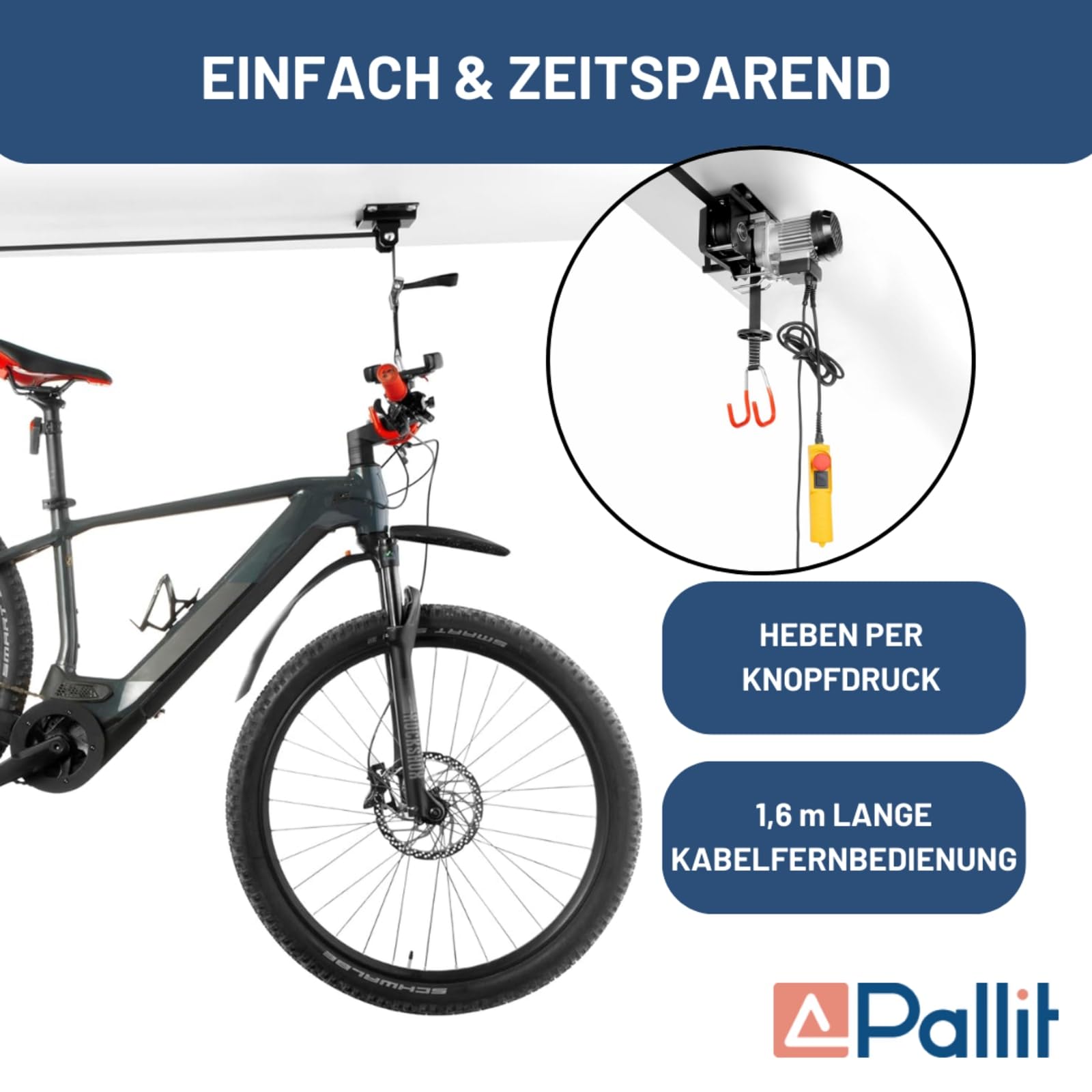 Pallit Elektrischer Fahrradlift BIKELIFT 100 kg Tragkraft 3m / 3000 mm Hubhöhe Fahrradhalterung für Decke E-Bike Lift