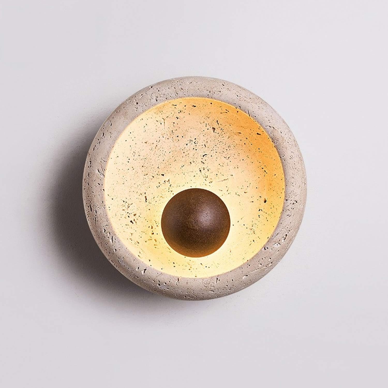 USMJQVZ LED 3000K Round Yellow Travertine Wall Sconce 5W Natural Retro Stone Sconces with Wood Ball Decoration Wabi Sabi Wall Light Fixture Bedside Bedroom Living Room Kitchen Island