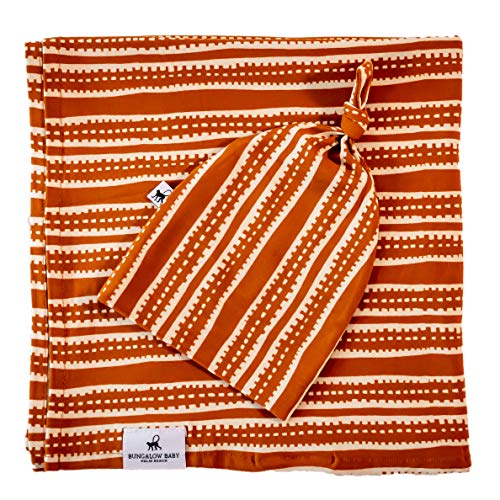 Image of BUNGALOW BABY Swaddle Set, Bamboo Viscose Baby Swaddle Blanket & Hat, Tribal Stripe, Newborn Swaddle, Unisex