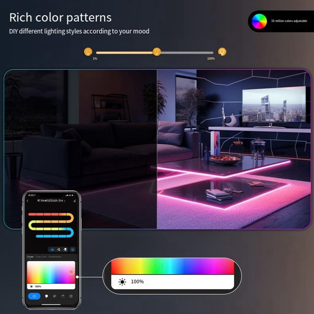 WiFi Graffiti Neon LED Strip Lights App Timing Color Tuning 1600MP Put Security RGB Color Rope Lights con enchufe UE