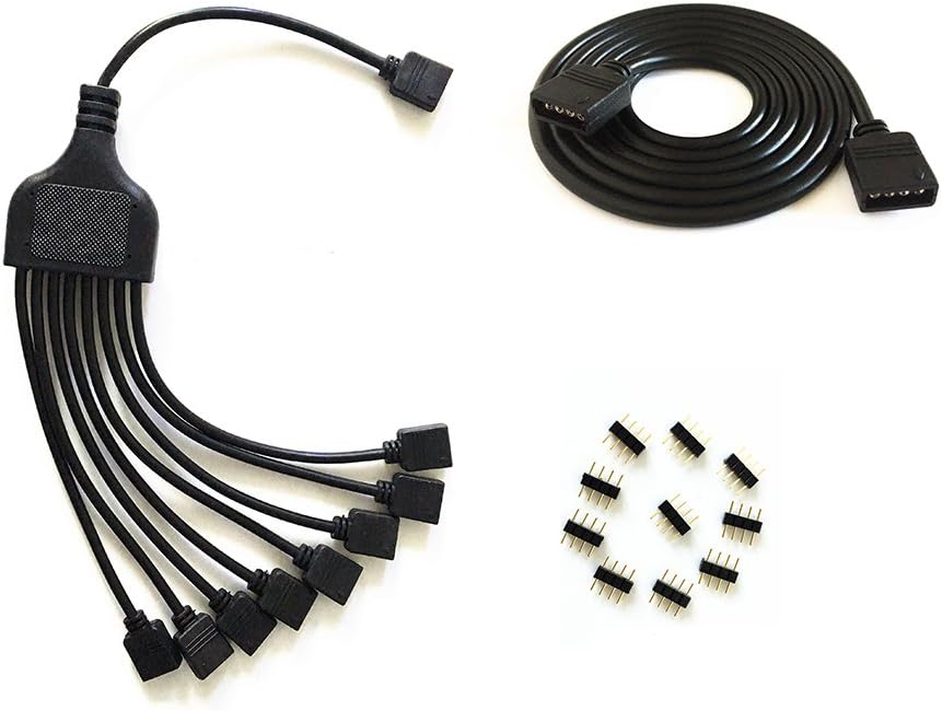 4 Pins black rgb LED Splitter Cable LED Strip Connector 8 Way Splitter Y Splitter for One to Eight RGB 5050 3528 LED Light Strips with,1m rgb wire，10x male to male 4pin plugs