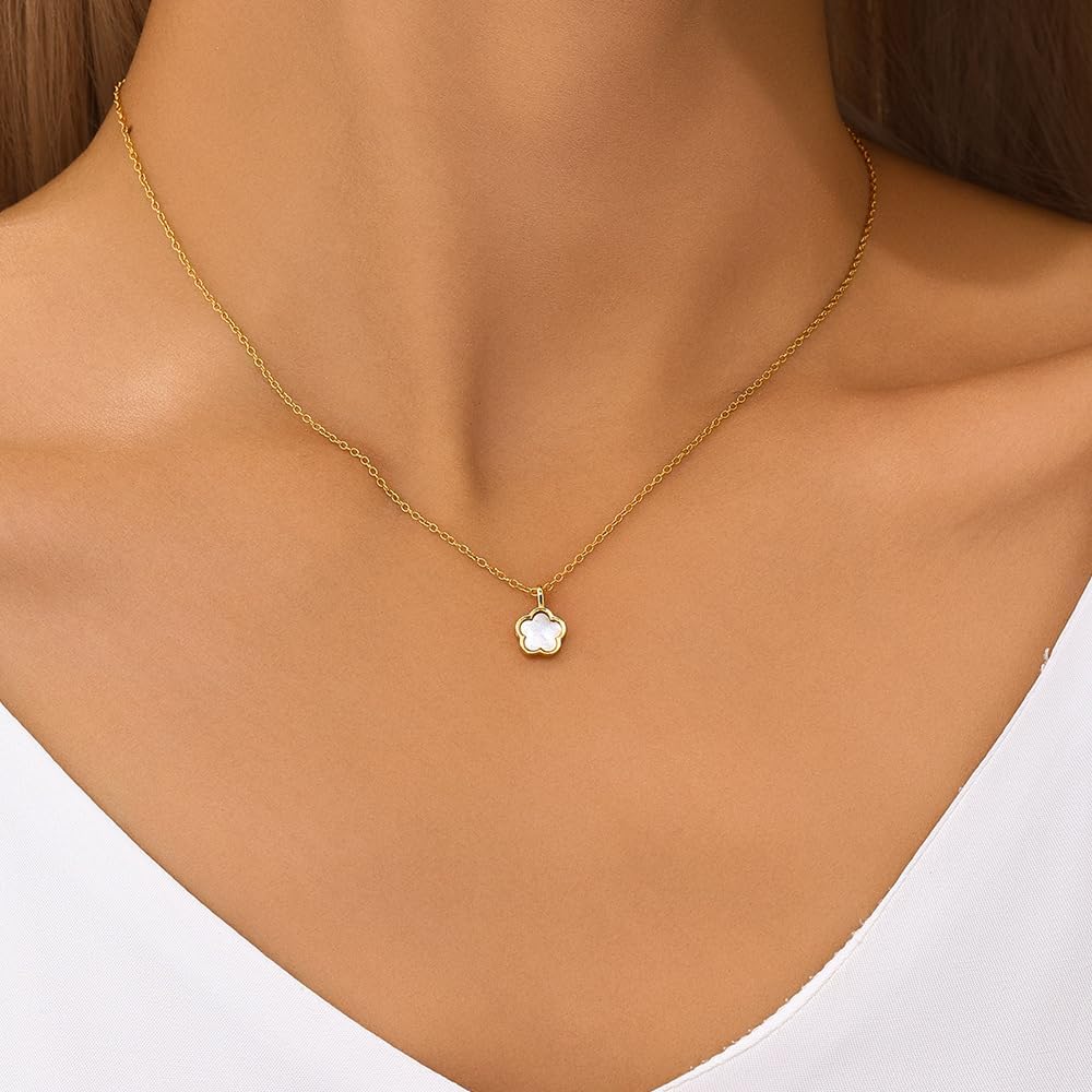 925 Sterling Silver Flower Necklace for Women, Dainty White Shell Flower Chain Choker Necklace to Daughter Mother 14K Gold Plated Cute Floral Pendant Necklaces Jewelry Gift for Birthday Mother's Day