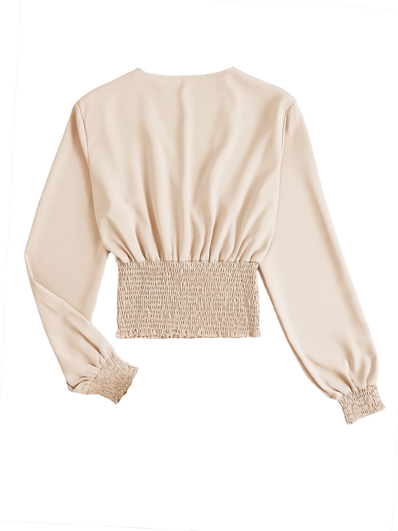 LYANER Women's V Neck Shirred Plain Long Sleeve Frill Crop Shirt Blouse Tops Beige Small