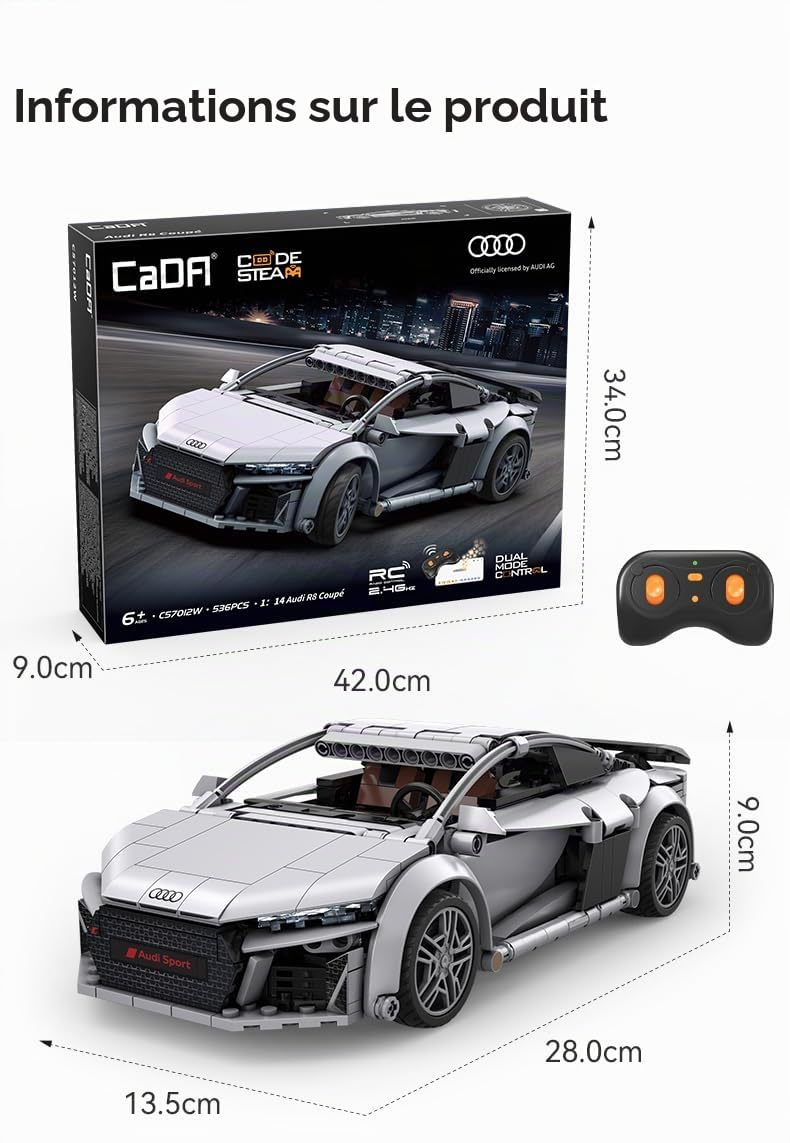 CADA Audi R8 Coupé - 536 pièces - Voiture de Sport à l'échelle 1:14 - App + RC - (DeQuBe 927DE57012)