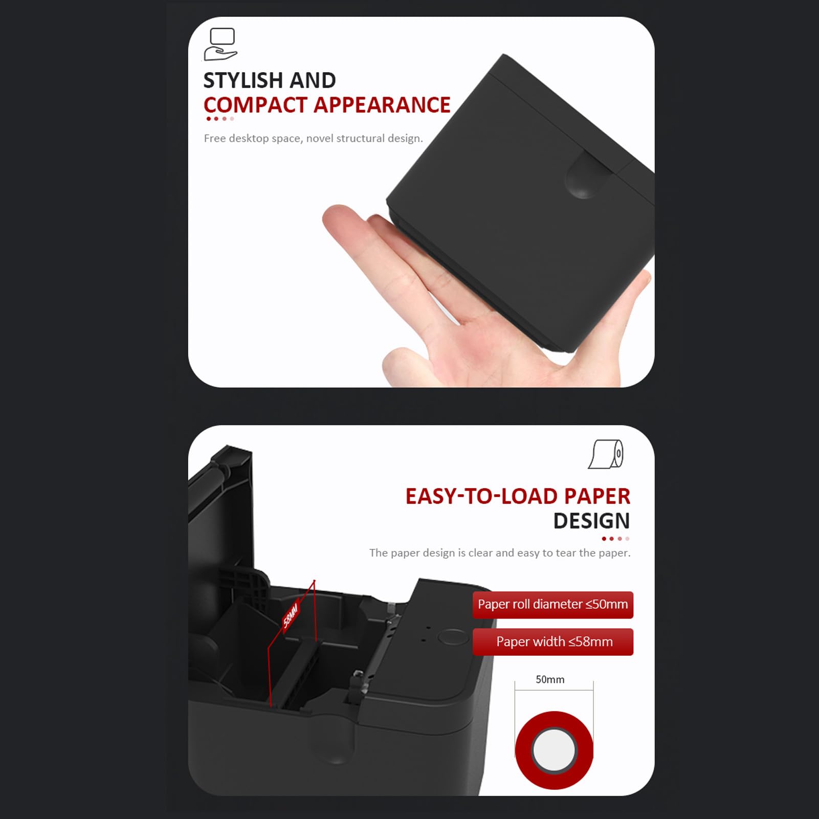 Stampante termica per ricevute, stampante piccola USB da 58 mm con stampa ad alta velocità, stampante termica portatile a basso rumore per centri commerciali, supermercati (UE)