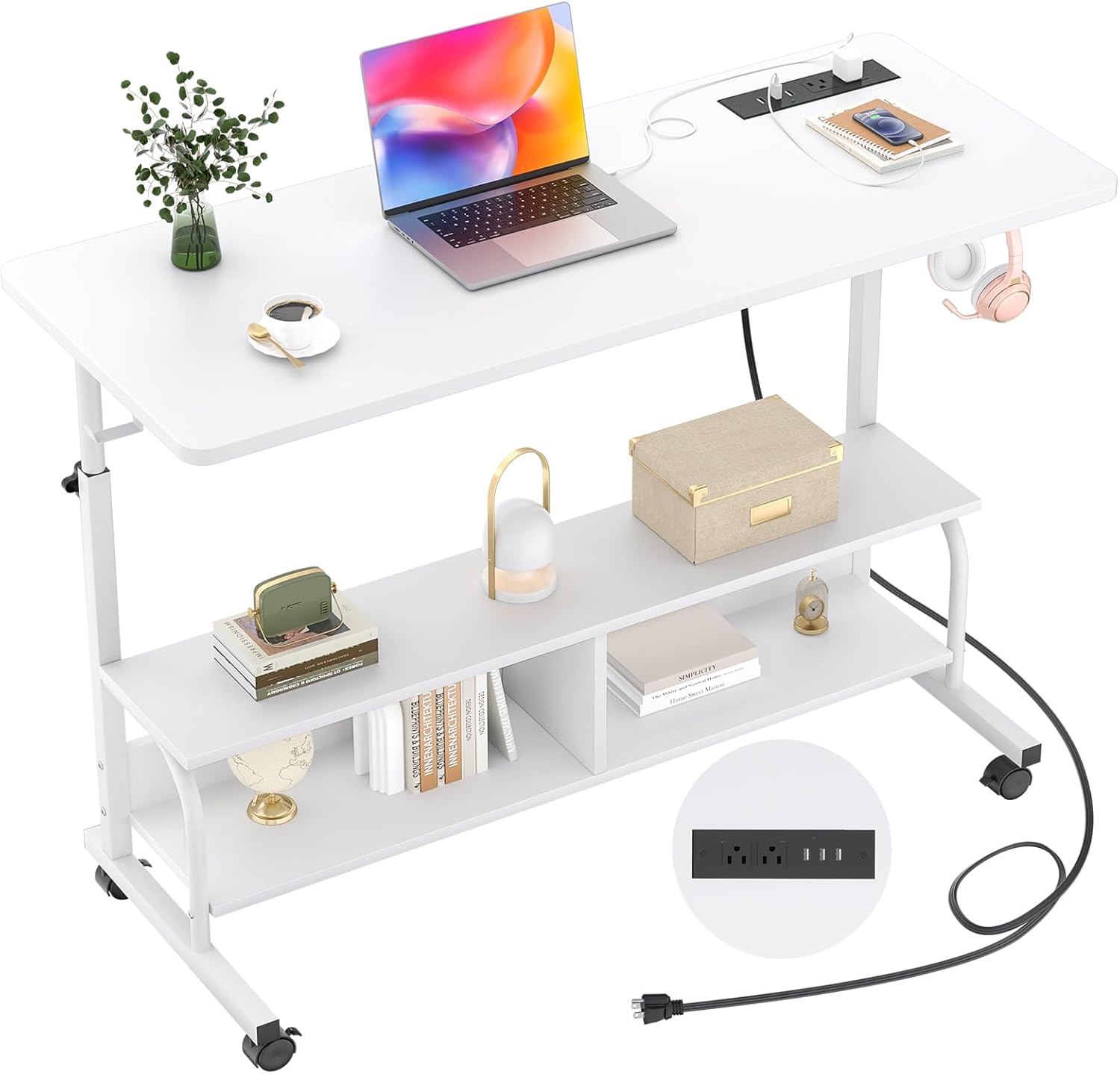 Armocity Height Adjustable Standing Desk with Power Outlets, 47 Manual Stand Up Desk with Storage Shelves Small Mobile Rolling Computer Desk Portable Laptop Table with Wheels for Home Office, Rustic