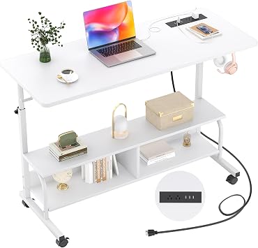 47" Rolling Standing Desk with Charging Station for Couch Bed | Height Adjust 27.5-41", 2 AC/3 USB, Mobile 4 Lockable Wheels, 2-tier Shelves Hook, Safe Corner Fast Assembly