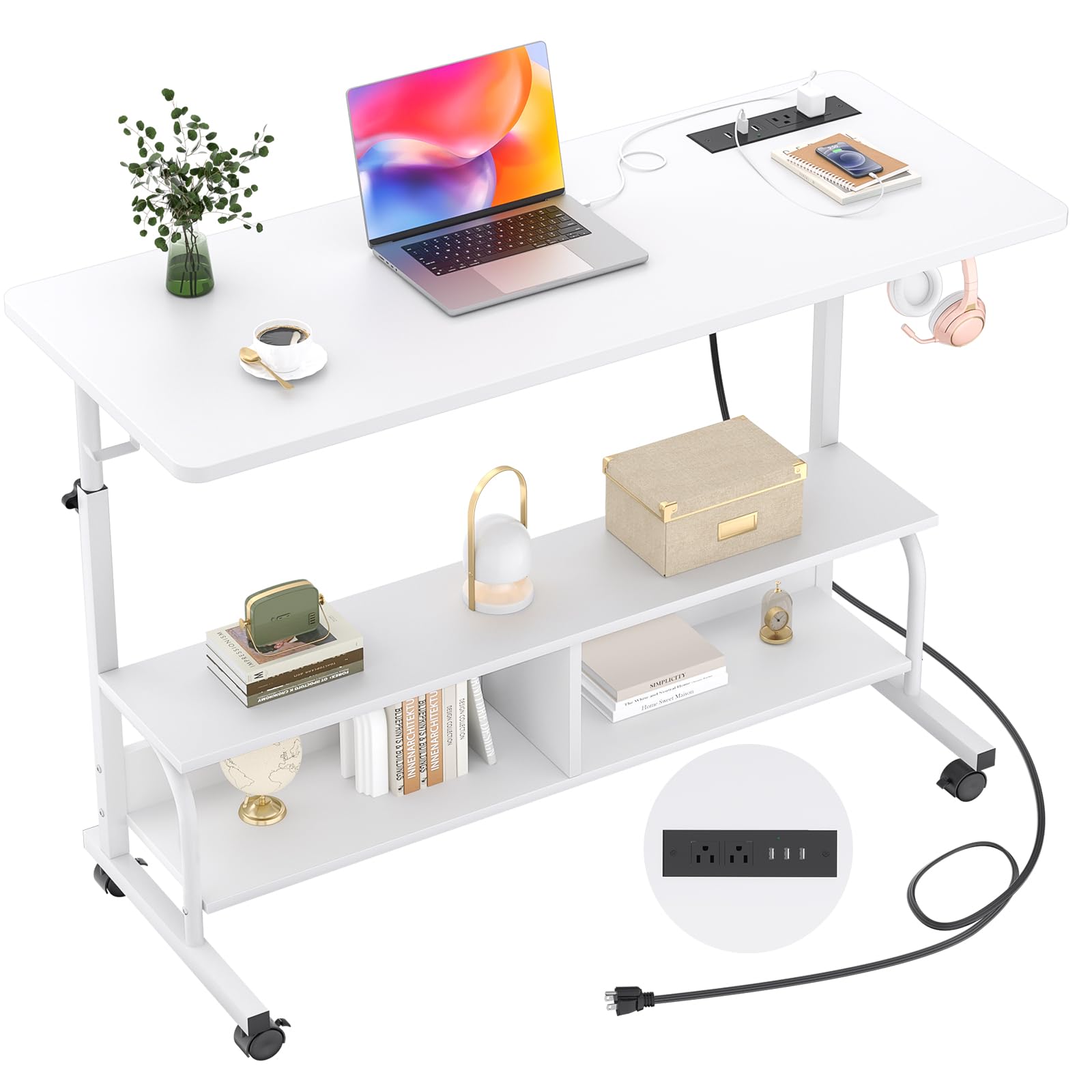 Height Adjustable Standing Desk with Power Outlets, 47" Manual Stand Up Desk with Storage Shelves Small Mobile Rolling Computer Desk Portable Laptop Table with Wheels for Home Office, White