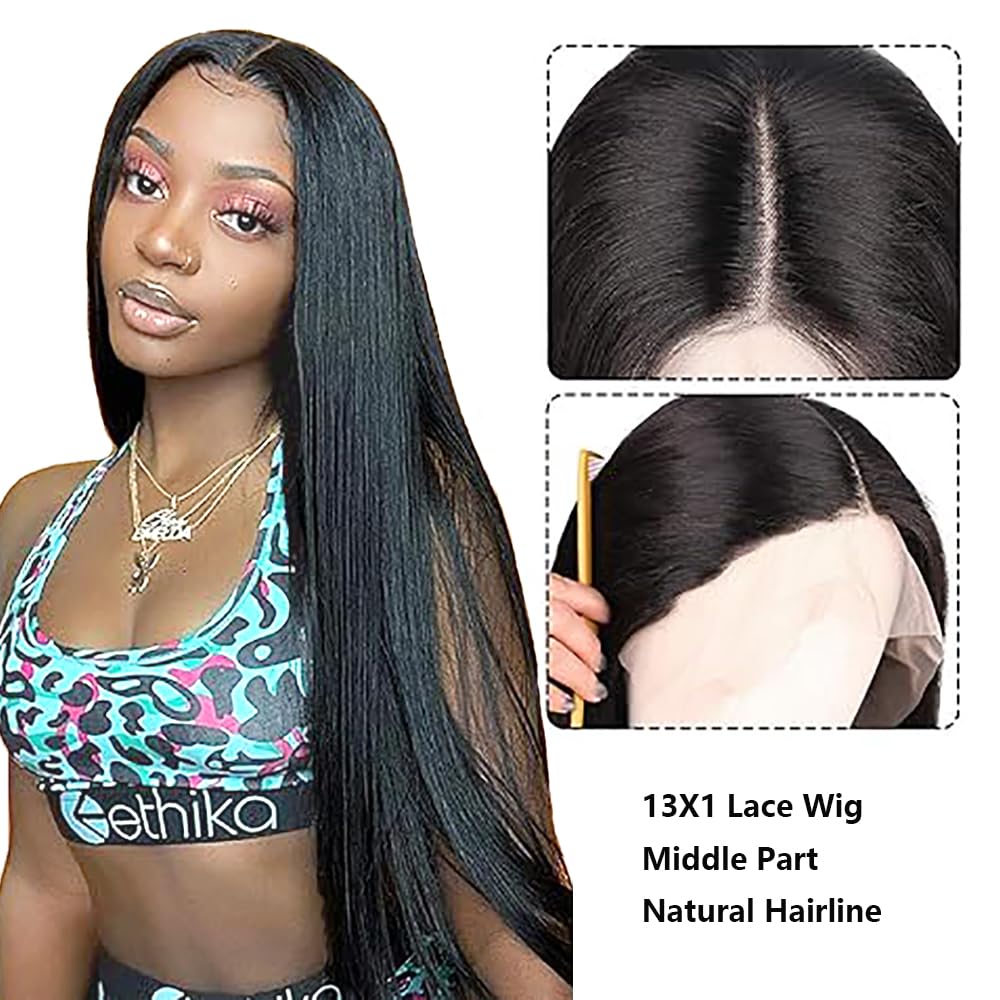 Parrucca Donna Capelli Veri Umani 13x1 Lace Front Wig Straight Human Hair Wig Natural Black Wig Pre Plucked with Baby Hair 180% Density Hair 32 Pollice