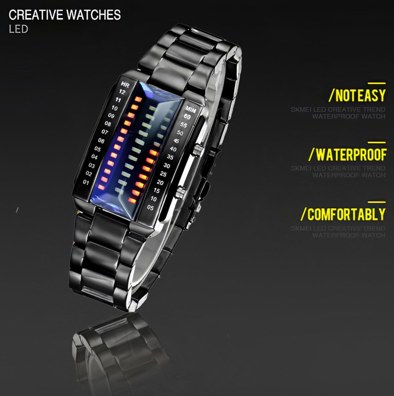 Watch with text indicating waterproof feature