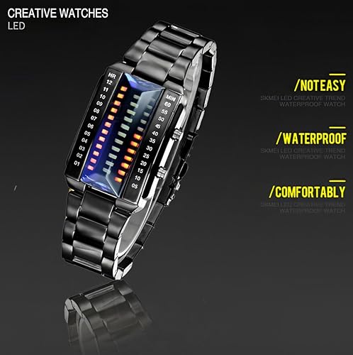 Miniatura 4 de Reloj digital digital para hombre, diseño de matriz binaria creativa, resistente al agua, de acero inoxidable, de plata militar