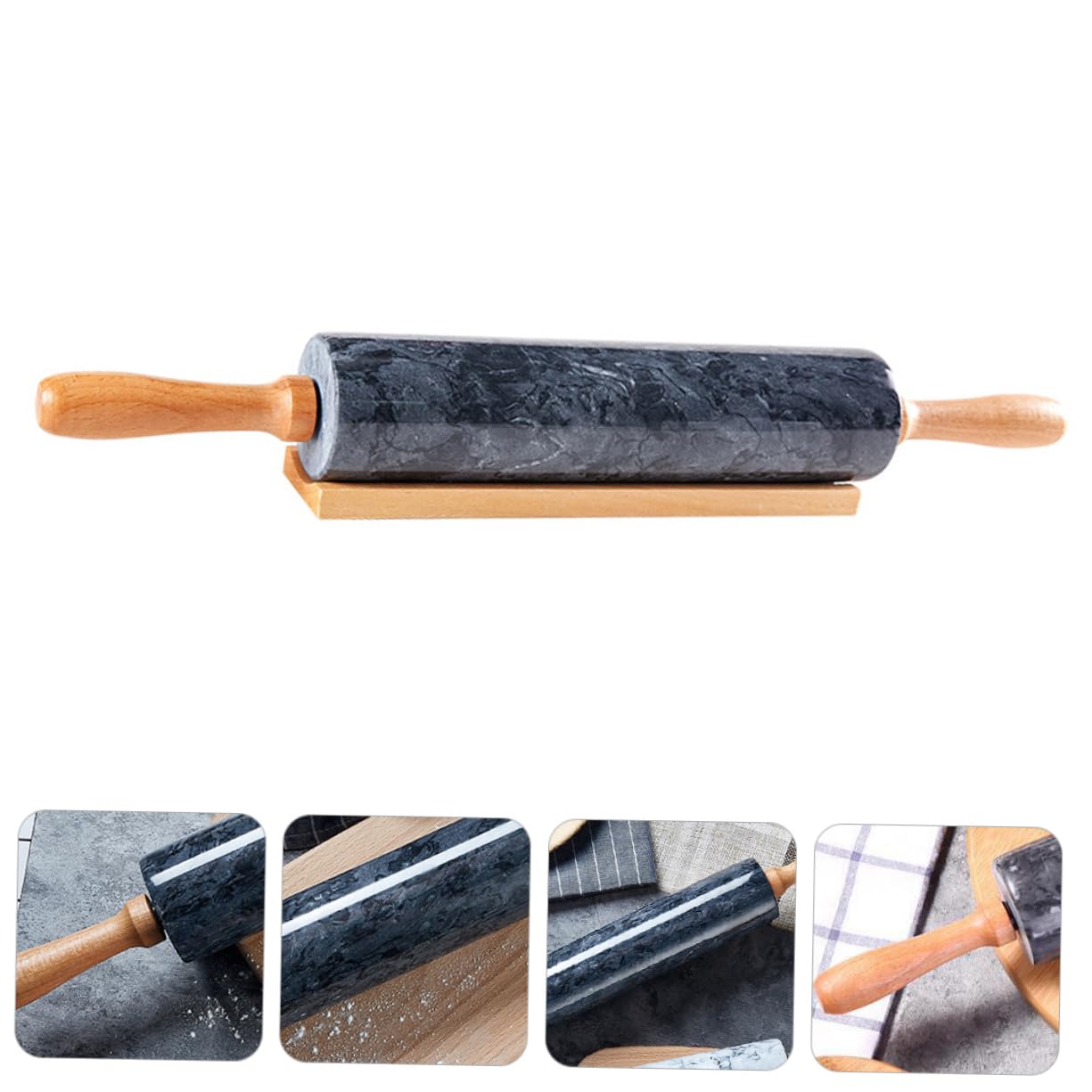 Zerodeko Rodillo de Mármol Natural con Mango de Madera para Pastelería Rodillo Antiadherente para Cocinas y Repostería